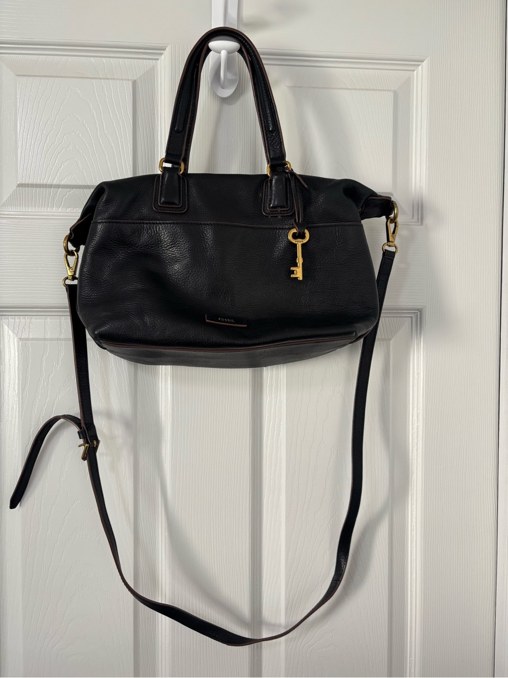 Fossil Black Leather Satchel with Gold Key Charm and Strap